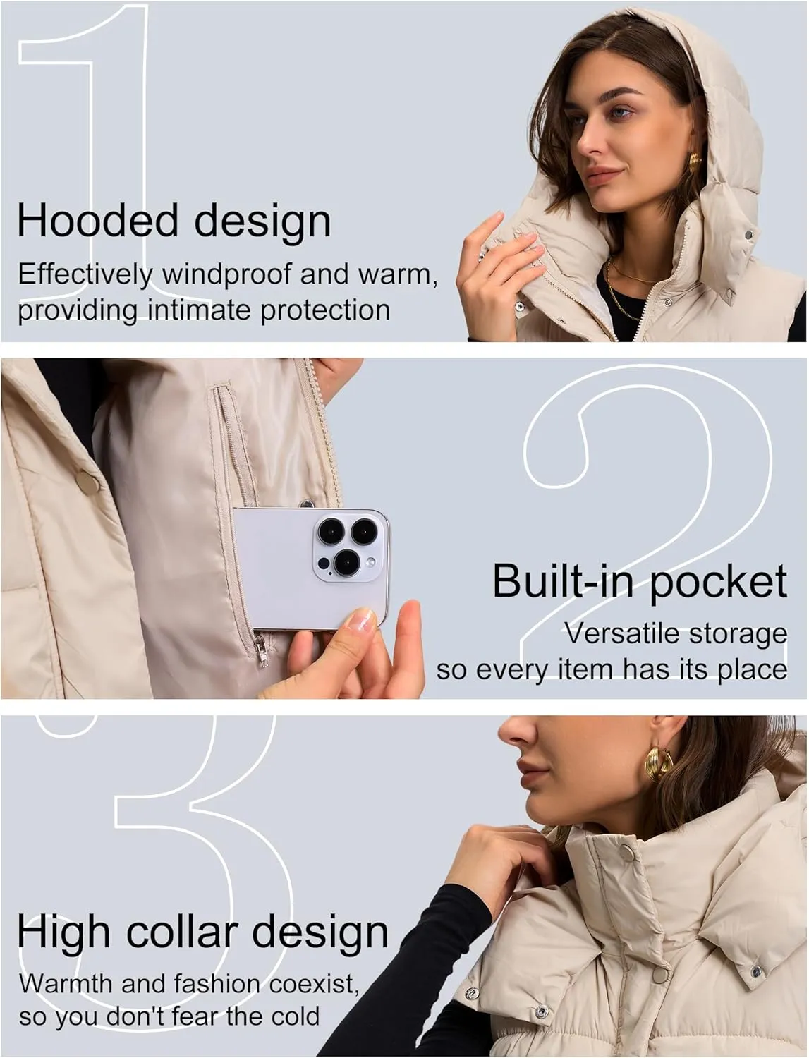 Qazel Vorrlon Cropped Puffer Vest Women Hooded Stand Collar Sleeveless Lightweight Zip Winter Warm Coat Outerwear Vests