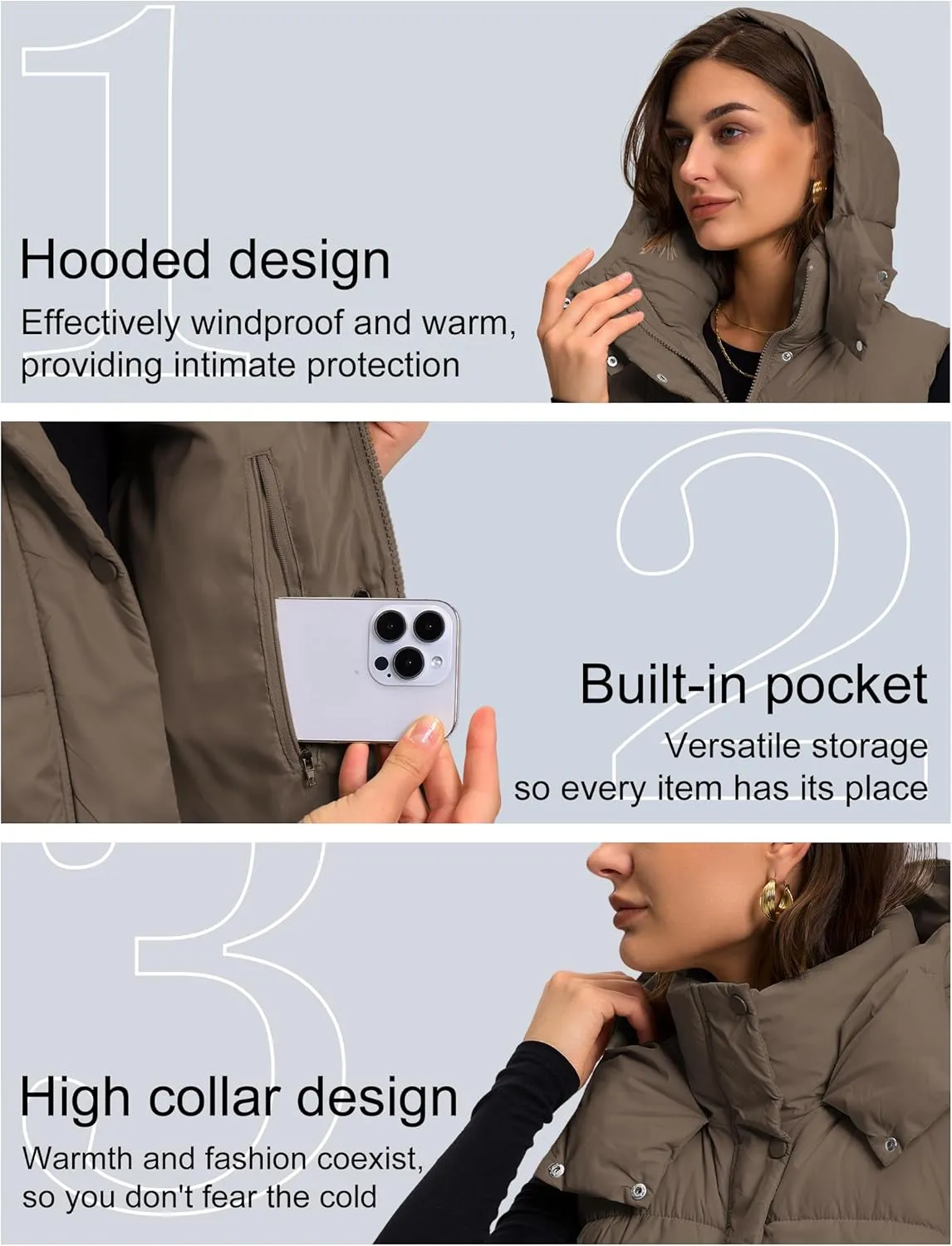Qazel Vorrlon Cropped Puffer Vest Women Hooded Stand Collar Sleeveless Lightweight Zip Winter Warm Coat Outerwear Vests