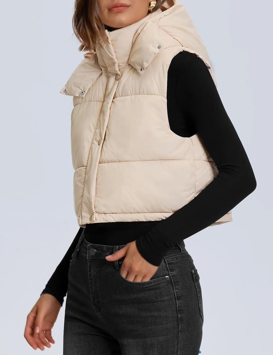 Qazel Vorrlon Cropped Puffer Vest Women Hooded Stand Collar Sleeveless Lightweight Zip Winter Warm Coat Outerwear Vests