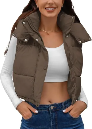 Qazel Vorrlon Cropped Puffer Vest Women Hooded Stand Collar Sleeveless Lightweight Zip Winter Warm Coat Outerwear Vests