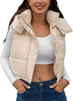 Qazel Vorrlon Cropped Puffer Vest Women Hooded Stand Collar Sleeveless Lightweight Zip Winter Warm Coat Outerwear Vests