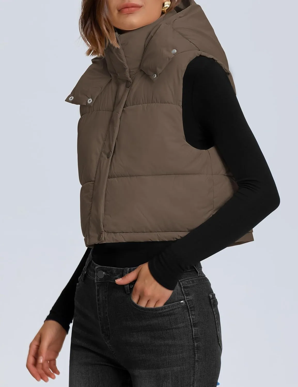 Qazel Vorrlon Cropped Puffer Vest Women Hooded Stand Collar Sleeveless Lightweight Zip Winter Warm Coat Outerwear Vests