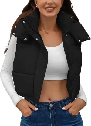 Qazel Vorrlon Cropped Puffer Vest Women Hooded Stand Collar Sleeveless Lightweight Zip Winter Warm Coat Outerwear Vests