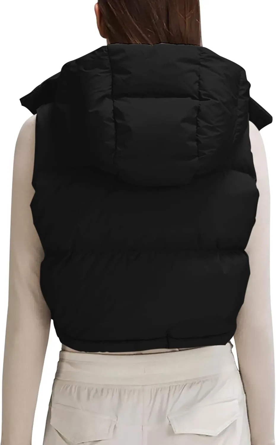 Qazel Vorrlon Cropped Puffer Vest Women Hooded Stand Collar Sleeveless Lightweight Zip Winter Warm Coat Outerwear Vests