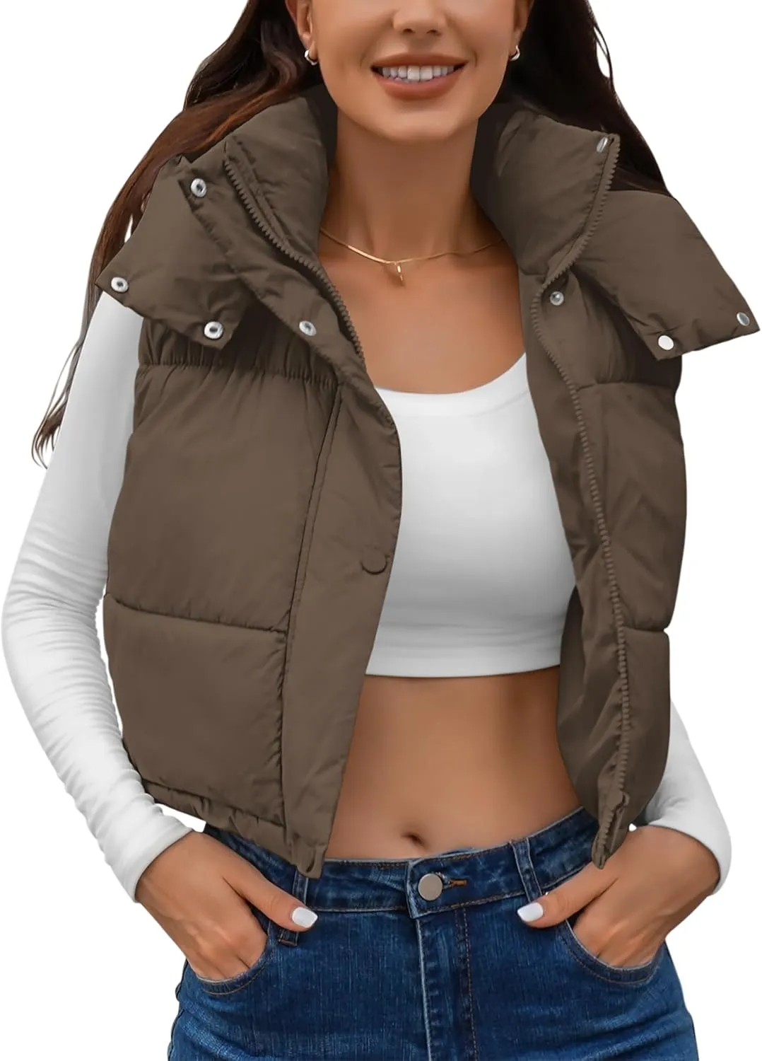 Qazel Vorrlon Cropped Puffer Vest Women Hooded Stand Collar Sleeveless Lightweight Zip Winter Warm Coat Outerwear Vests