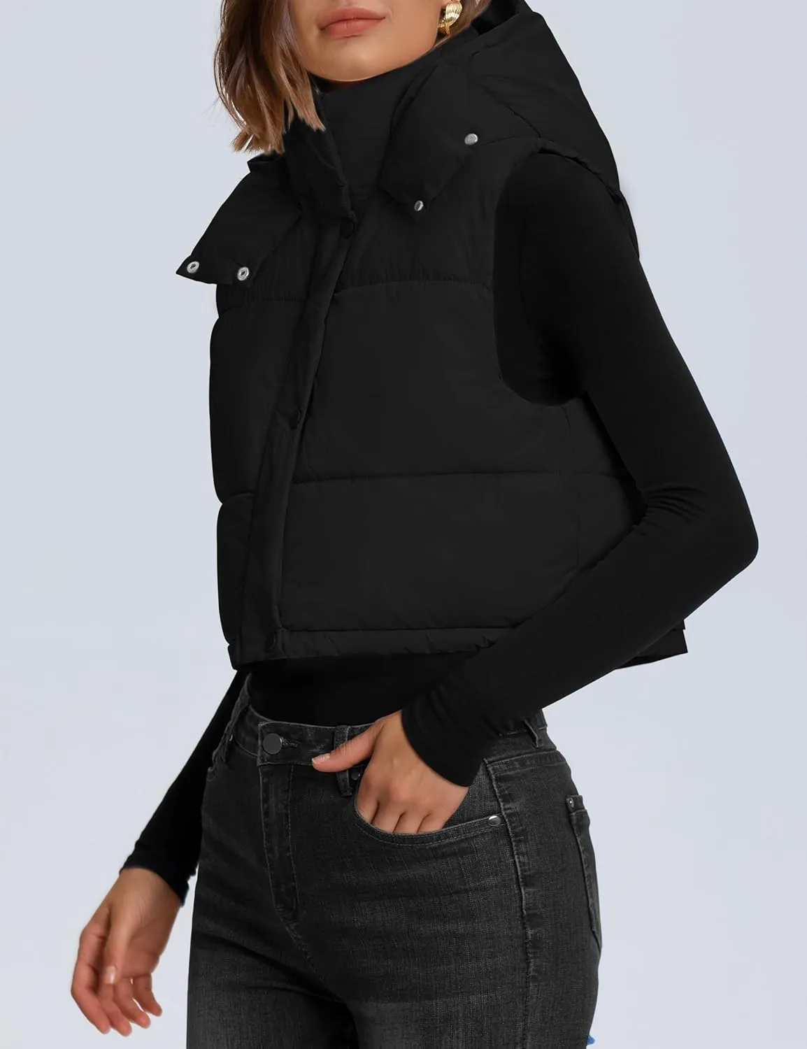 Qazel Vorrlon Cropped Puffer Vest Women Hooded Stand Collar Sleeveless Lightweight Zip Winter Warm Coat Outerwear Vests