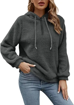 Quarter Zip Pullover Women Baggy Fleece Zipper Hoodie Comfy Cotton Drawstring Sherpa Sweatshirts Pullover Winter Coat