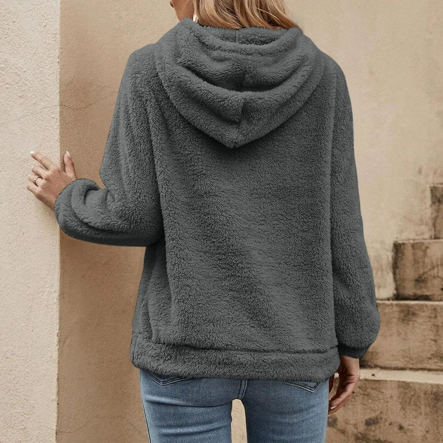 Quarter Zip Pullover Women Baggy Fleece Zipper Hoodie Comfy Cotton Drawstring Sherpa Sweatshirts Pullover Winter Coat