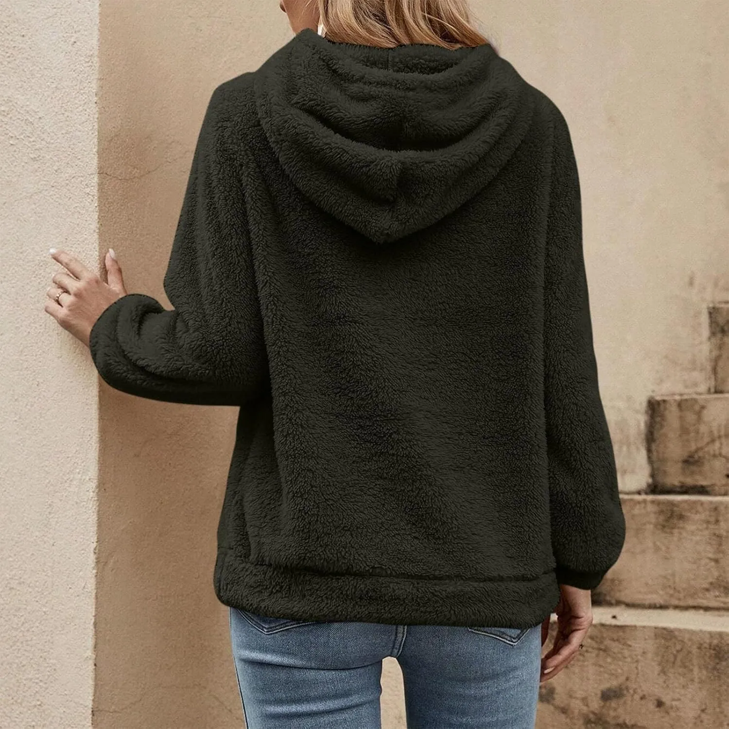 Quarter Zip Pullover Women Baggy Fleece Zipper Hoodie Comfy Cotton Drawstring Sherpa Sweatshirts Pullover Winter Coat