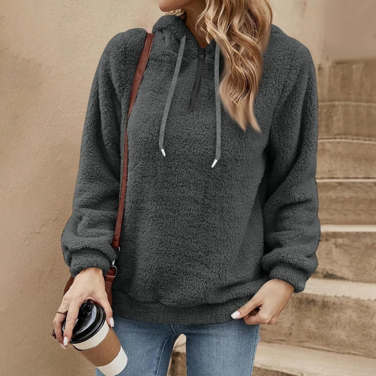 Quarter Zip Pullover Women Baggy Fleece Zipper Hoodie Comfy Cotton Drawstring Sherpa Sweatshirts Pullover Winter Coat
