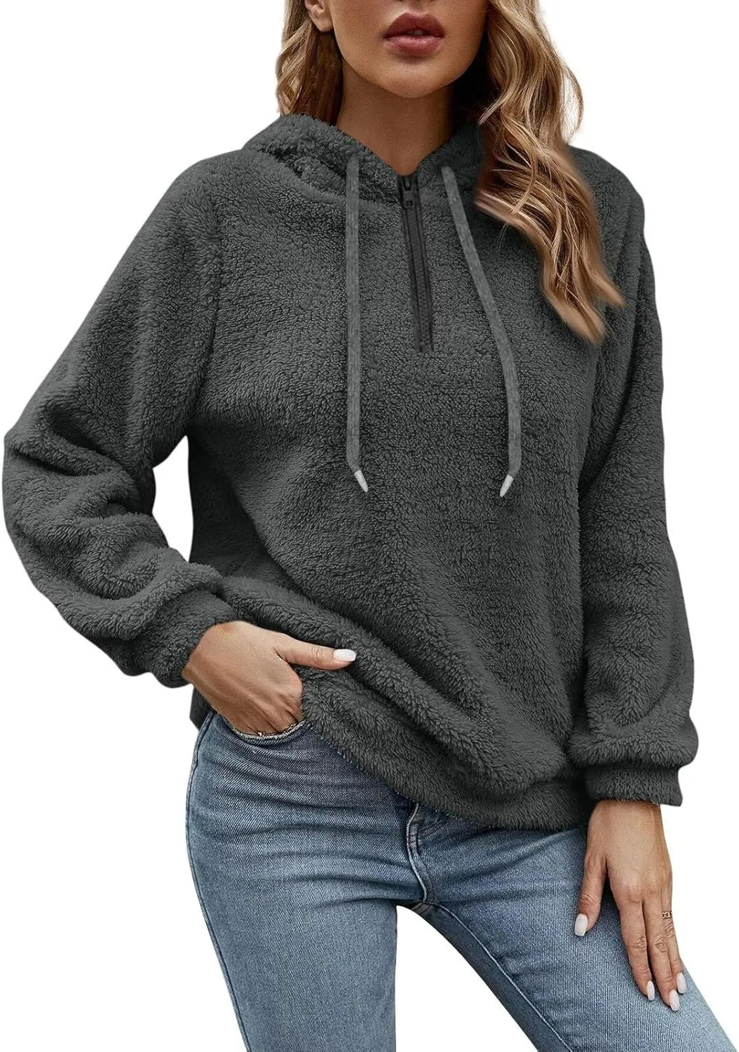 Quarter Zip Pullover Women Baggy Fleece Zipper Hoodie Comfy Cotton Drawstring Sherpa Sweatshirts Pullover Winter Coat