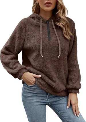 Quarter Zip Pullover Women Baggy Fleece Zipper Hoodie Comfy Cotton Drawstring Sherpa Sweatshirts Pullover Winter Coat
