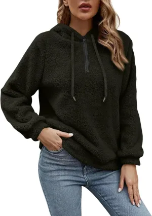 Quarter Zip Pullover Women Baggy Fleece Zipper Hoodie Comfy Cotton Drawstring Sherpa Sweatshirts Pullover Winter Coat