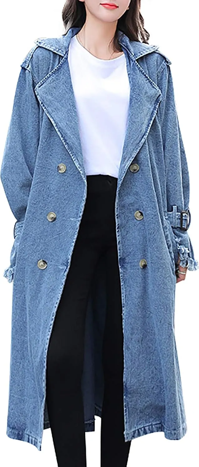 QZUnique Women Long Denim Jacket With Belt Jean Long Sleeve Trench Coat Button Down Casual Oversized Spring Tunic Outerwear