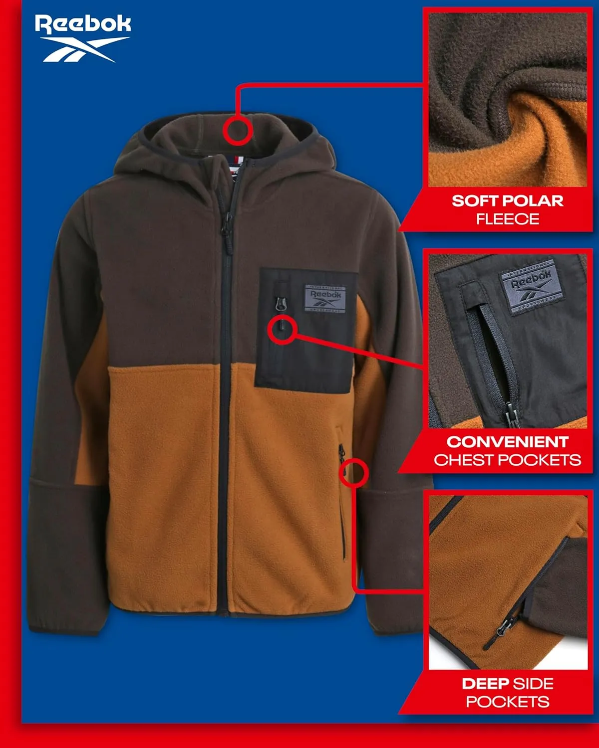 Reebok Boys' Jacket - Warm Polar Fleece Zip Up Hoodie Jacket for Boys - Lightweight Athletic Boy's Comfort Hoodie (4-20)