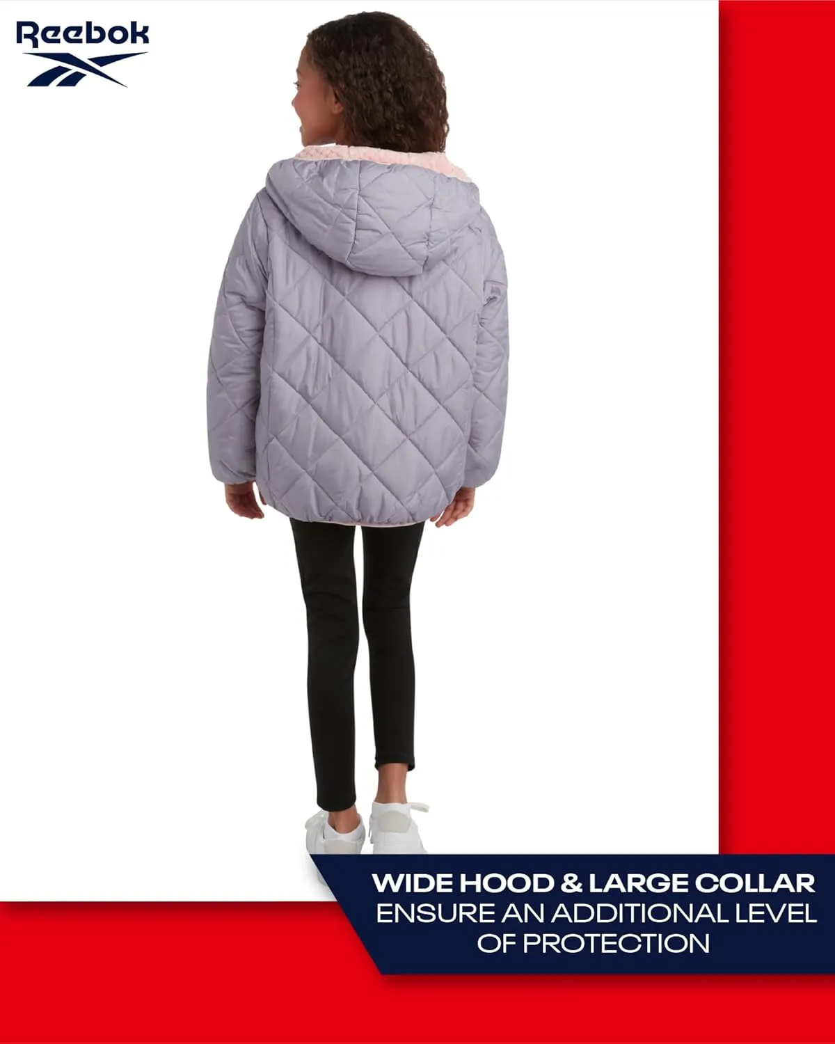 Reebok Girls' Reversible Puffer Jacket - Quilted Winter Coat with Snow Fleece Lining - Warm Hooded Jacket for Girls (7-16)