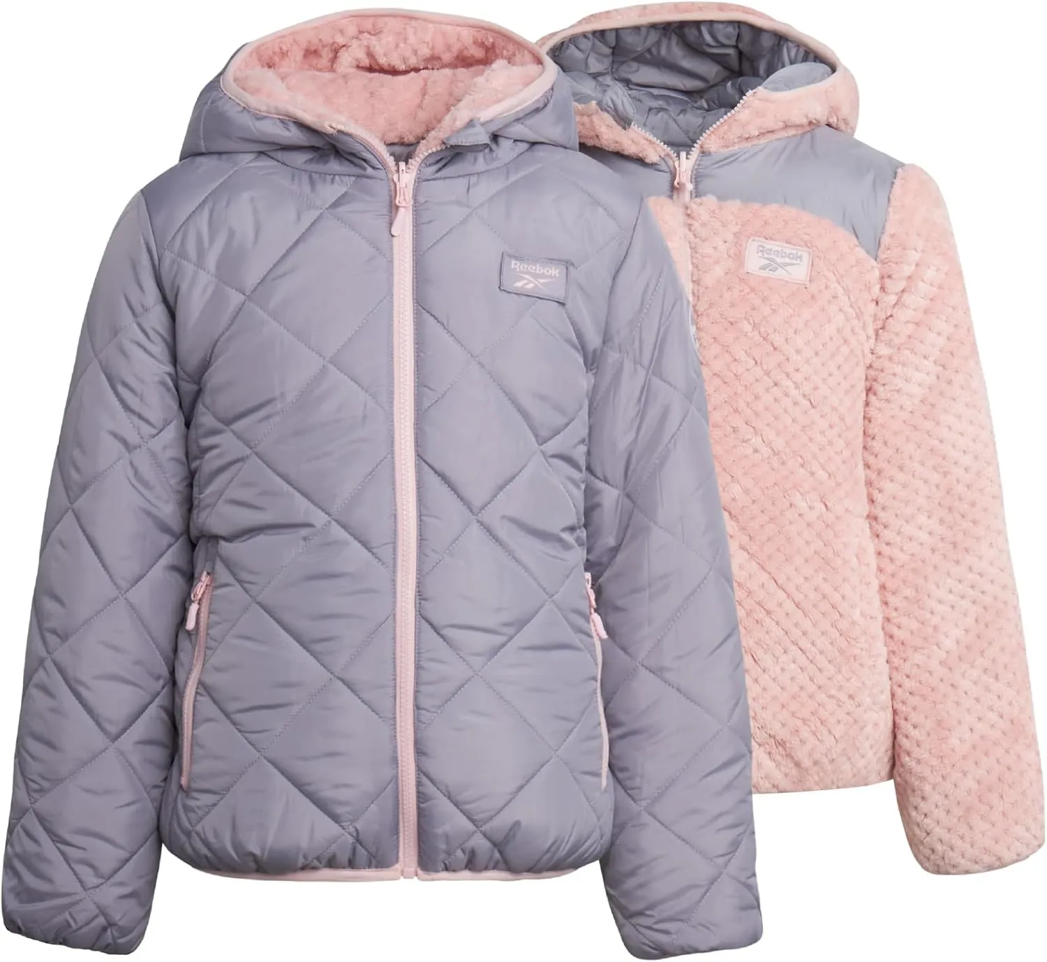 Reebok Girls' Reversible Puffer Jacket - Quilted Winter Coat with Snow Fleece Lining - Warm Hooded Jacket for Girls (7-16)
