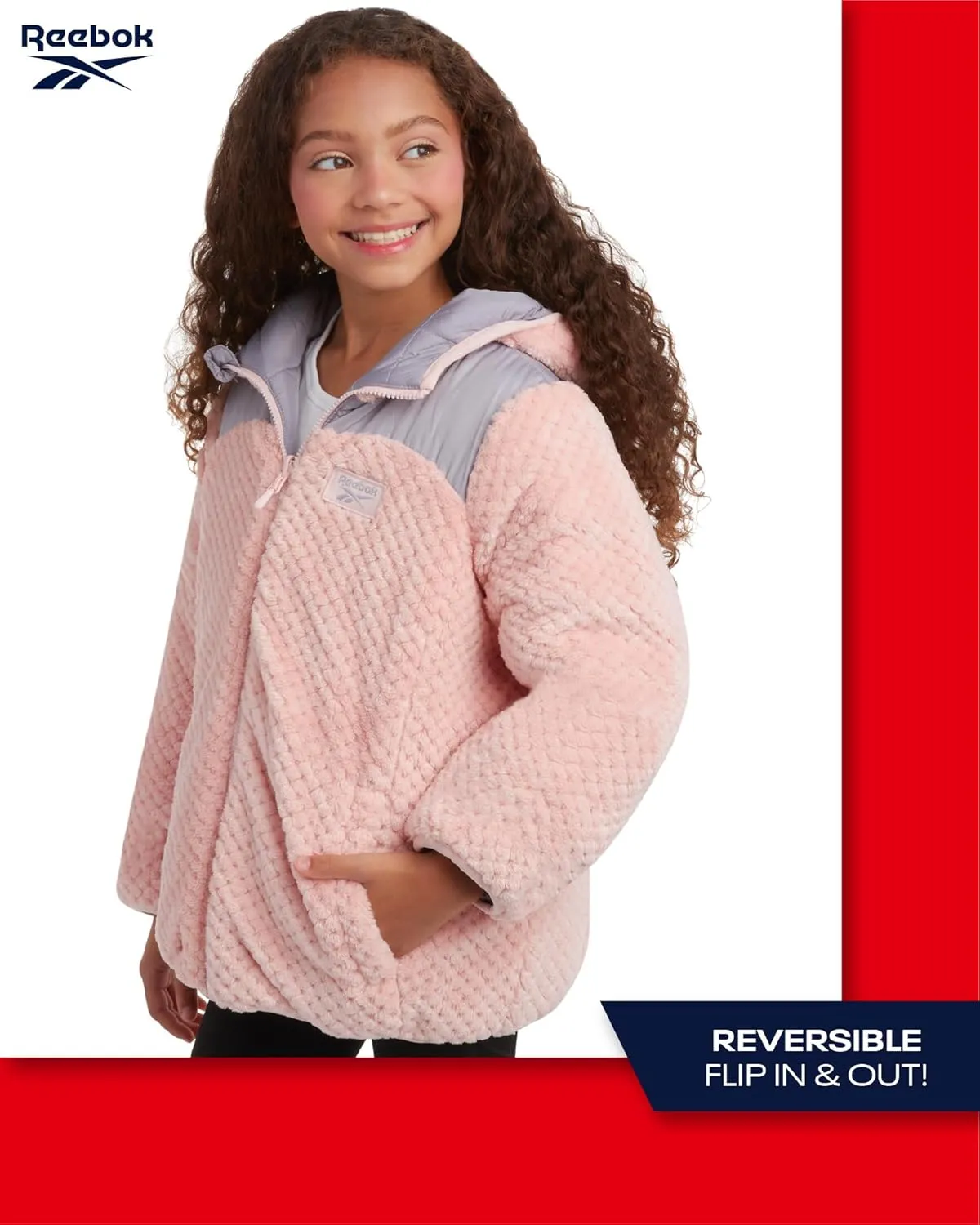 Reebok Girls' Reversible Puffer Jacket - Quilted Winter Coat with Snow Fleece Lining - Warm Hooded Jacket for Girls (7-16)
