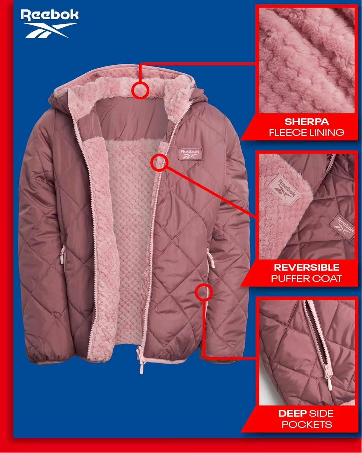 Reebok Girls' Reversible Puffer Jacket - Quilted Winter Coat with Snow Fleece Lining - Warm Hooded Jacket for Girls (7-16)