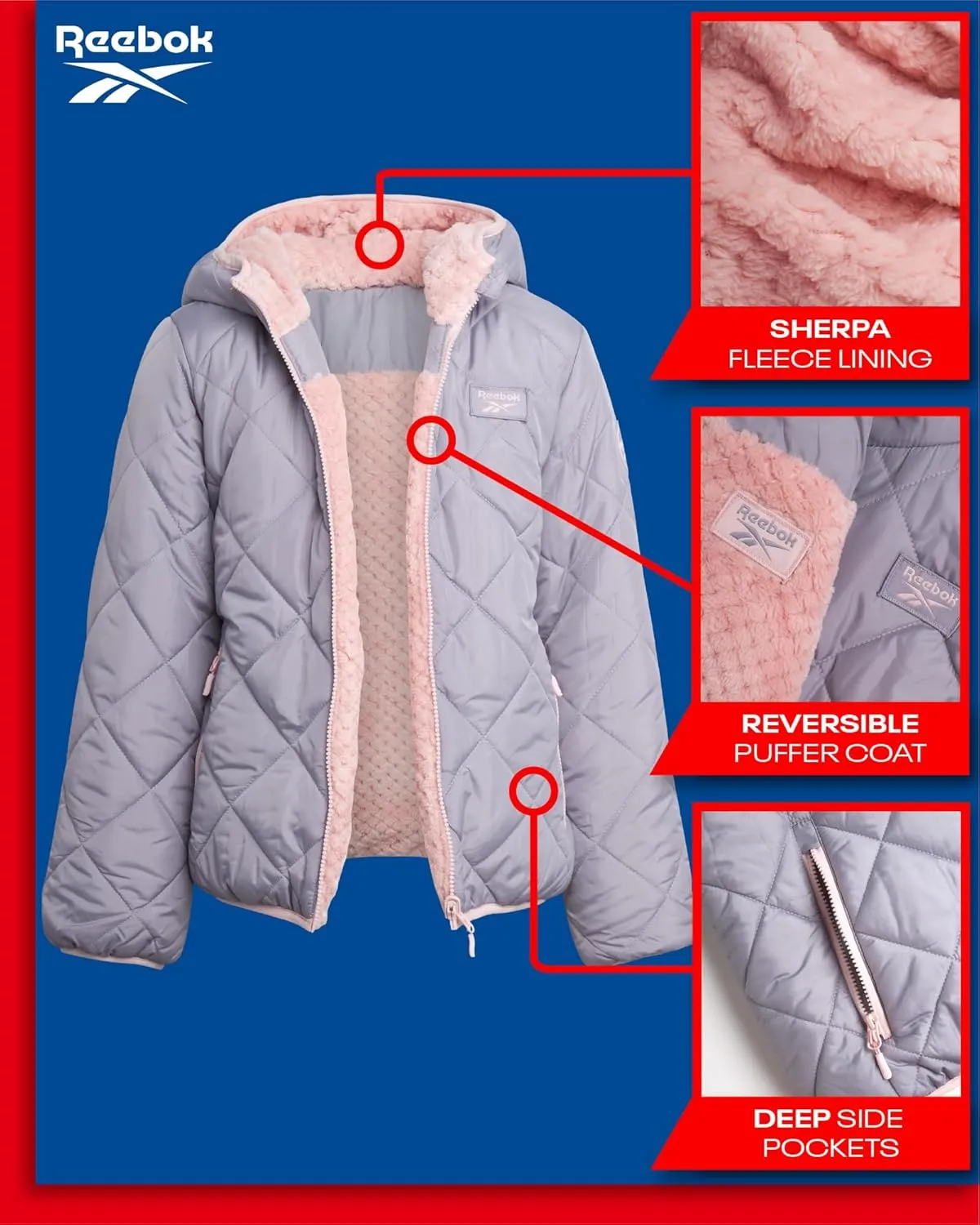 Reebok Girls' Reversible Puffer Jacket - Quilted Winter Coat with Snow Fleece Lining - Warm Hooded Jacket for Girls (7-16)