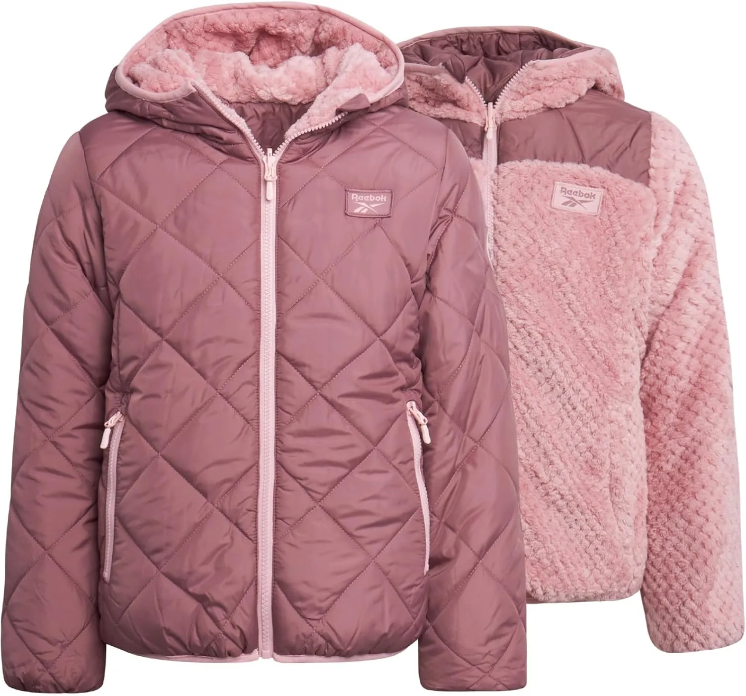 Reebok Girls' Reversible Puffer Jacket - Quilted Winter Coat with Snow Fleece Lining - Warm Hooded Jacket for Girls (7-16)