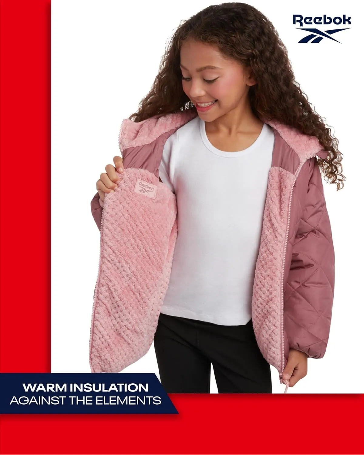 Reebok Girls' Reversible Puffer Jacket - Quilted Winter Coat with Snow Fleece Lining - Warm Hooded Jacket for Girls (7-16)