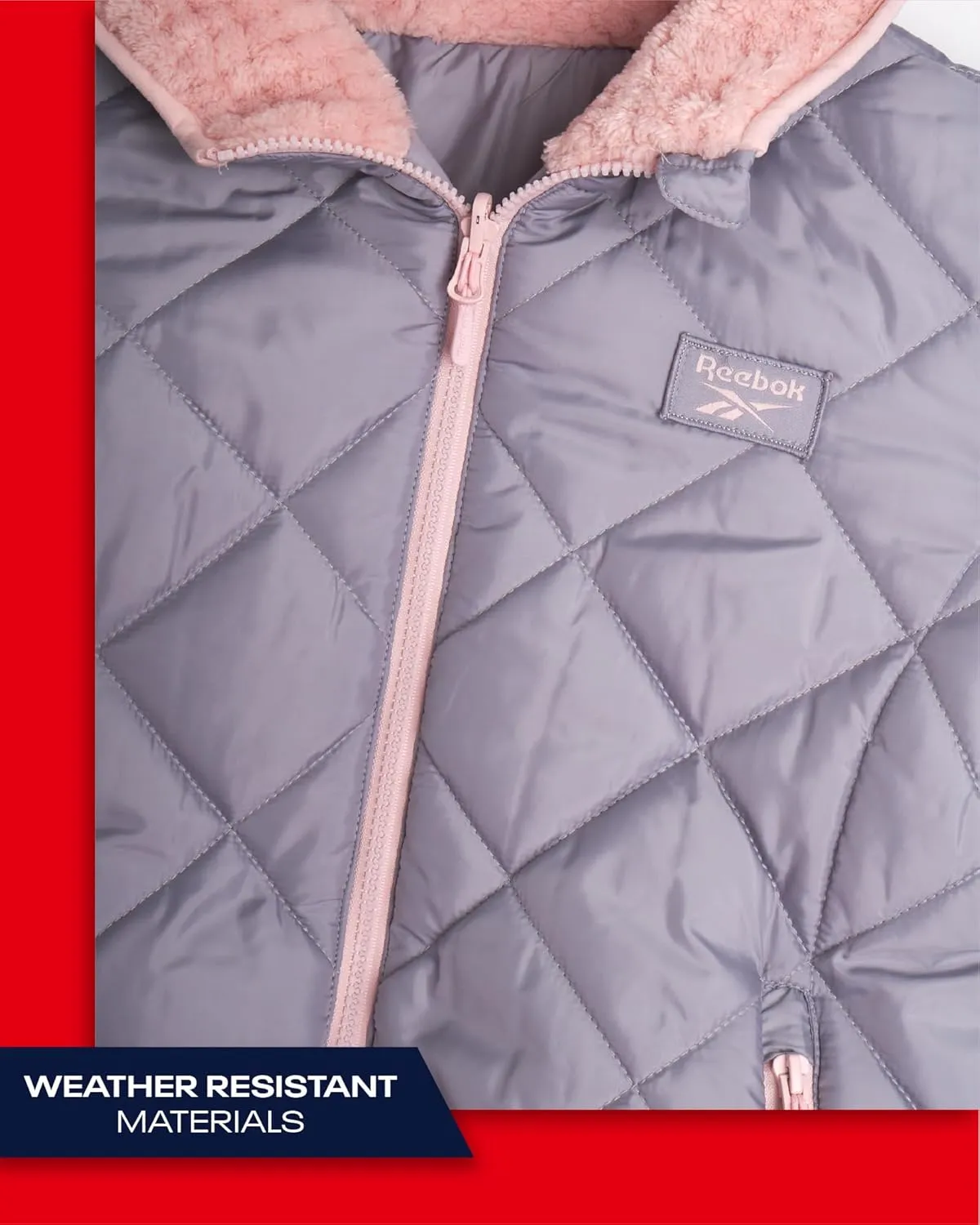 Reebok Girls' Reversible Puffer Jacket - Quilted Winter Coat with Snow Fleece Lining - Warm Hooded Jacket for Girls (7-16)