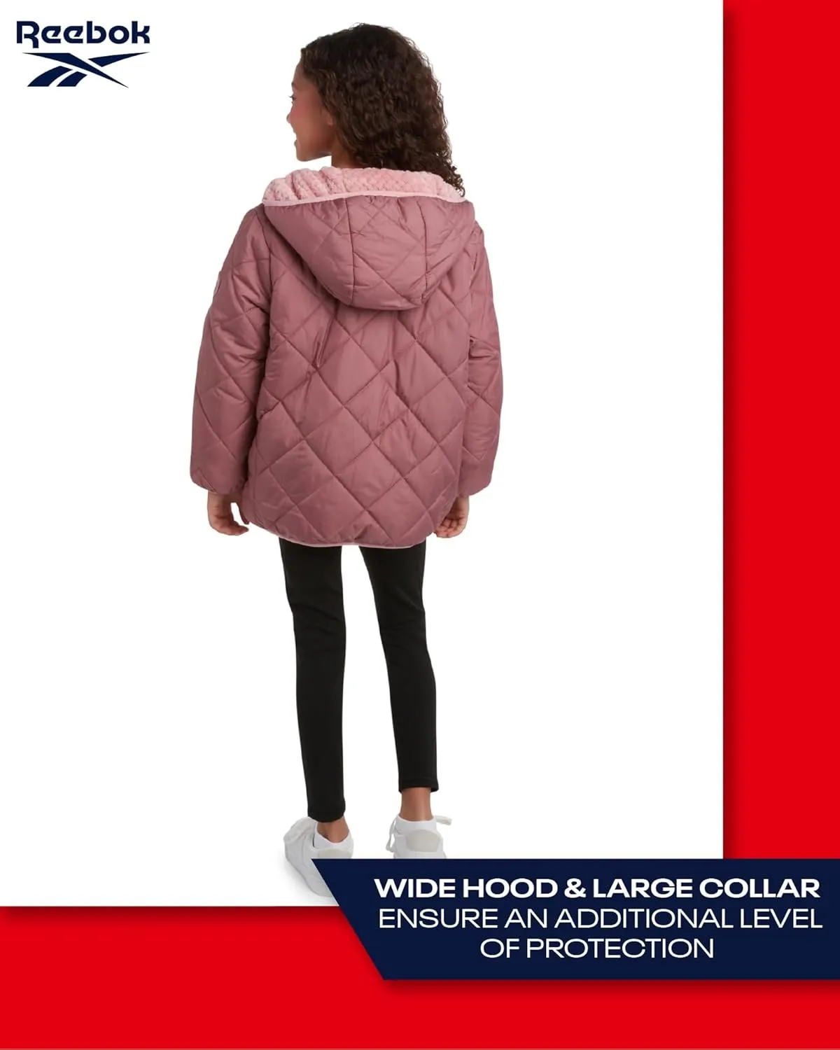 Reebok Girls' Reversible Puffer Jacket - Quilted Winter Coat with Snow Fleece Lining - Warm Hooded Jacket for Girls (7-16)