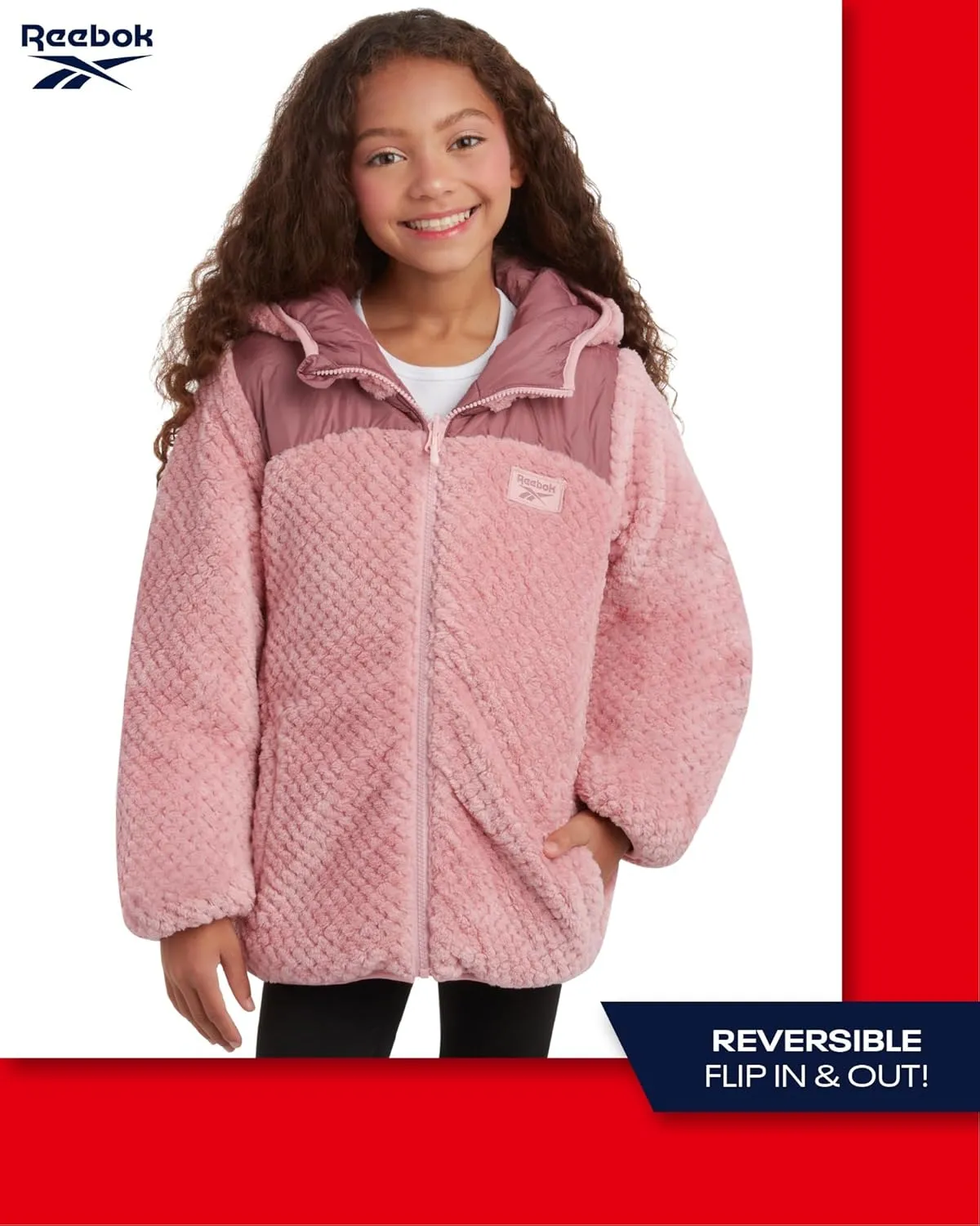 Reebok Girls' Reversible Puffer Jacket - Quilted Winter Coat with Snow Fleece Lining - Warm Hooded Jacket for Girls (7-16)