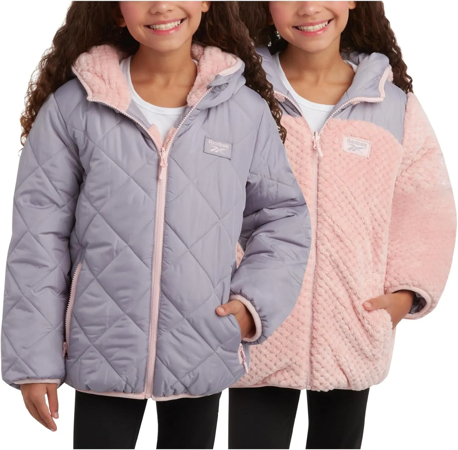 Reebok Girls' Reversible Puffer Jacket - Quilted Winter Coat with Snow Fleece Lining - Warm Hooded Jacket for Girls (7-16)
