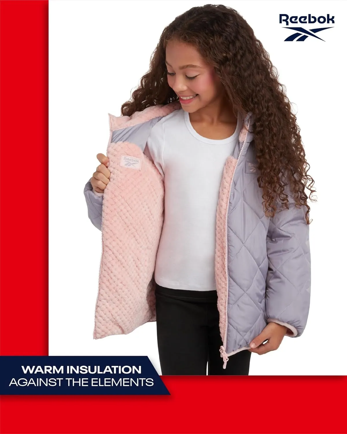Reebok Girls' Reversible Puffer Jacket - Quilted Winter Coat with Snow Fleece Lining - Warm Hooded Jacket for Girls (7-16)