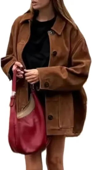 RICHTRUE Fall Fashion 2024 Trendy Blazer Jacket Old Money Aesthetic Women Brown Leather Jacket Winter Oversized Blazers