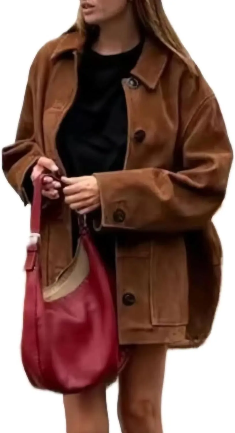 RICHTRUE Fall Fashion 2024 Trendy Blazer Jacket Old Money Aesthetic Women Brown Leather Jacket Winter Oversized Blazers