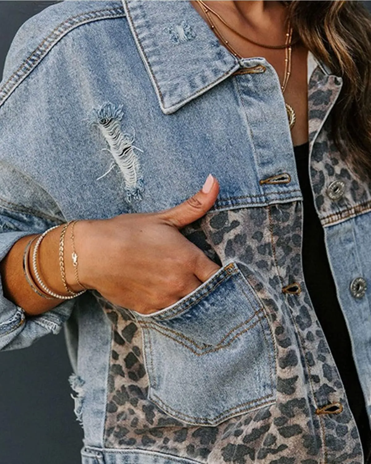 RINTONIX Womens Button Down Distressed Leopard Denim Jean Jacket Washed Long Sleeve Ripped Cheetah Jean Coat
