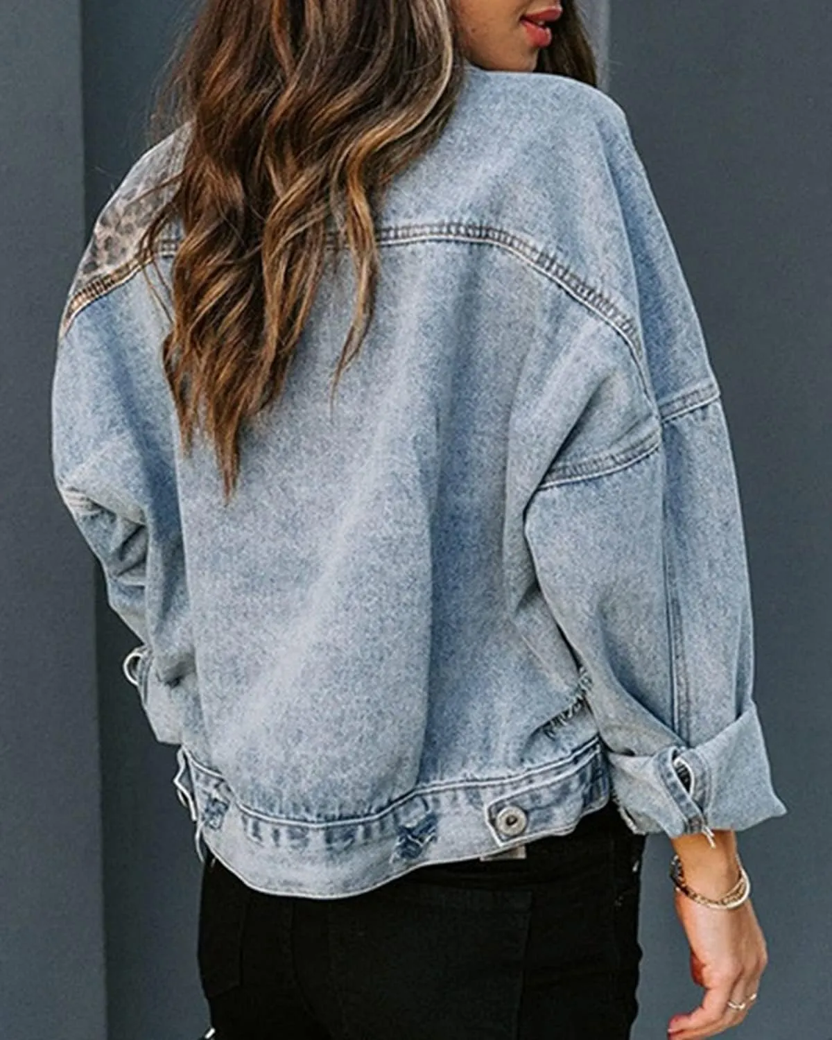 RINTONIX Womens Button Down Distressed Leopard Denim Jean Jacket Washed Long Sleeve Ripped Cheetah Jean Coat