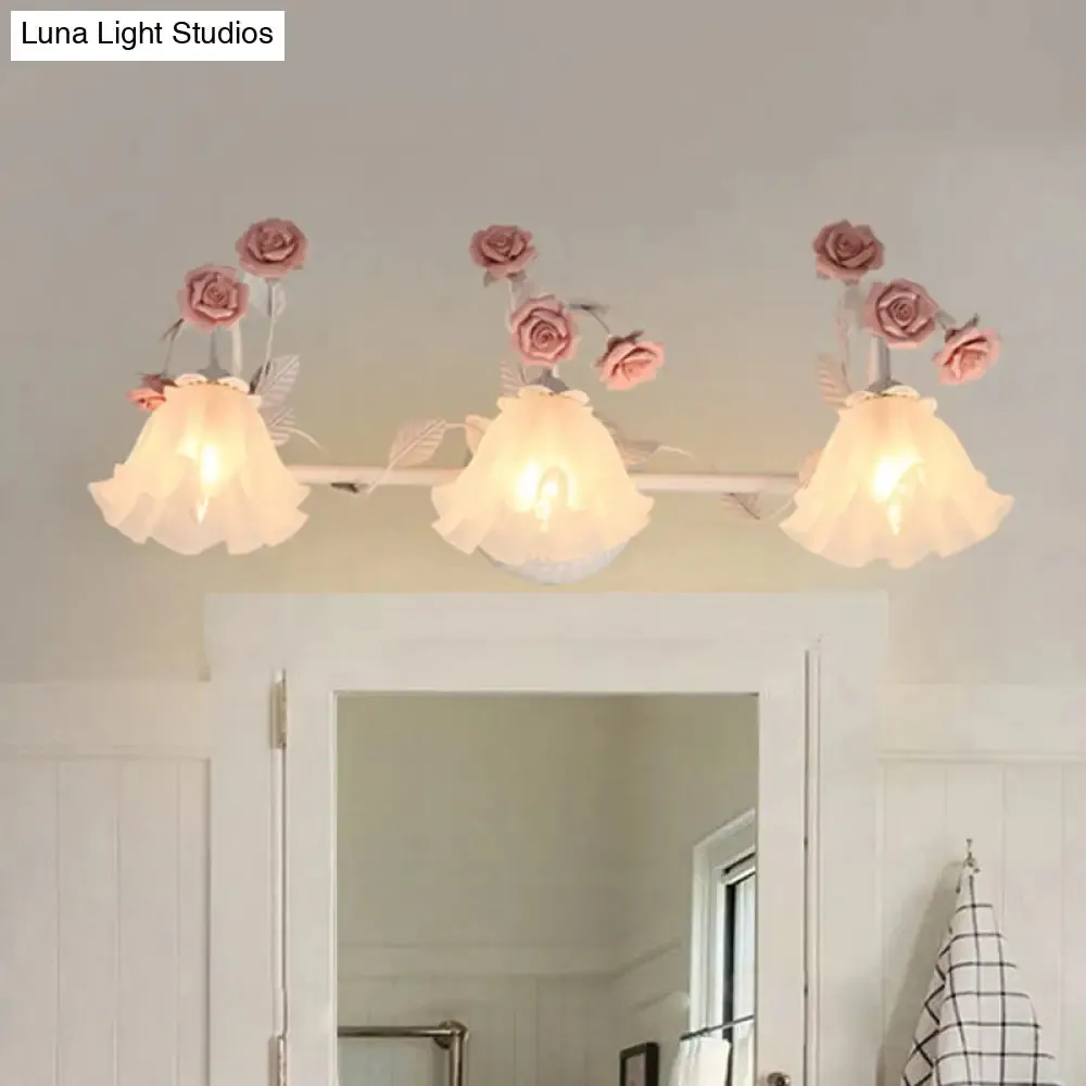 Ruffle Bathroom Wall Mount Light - American Flower Frosted Glass - 2/3-Head Vanity Sconce - Pink/Blue