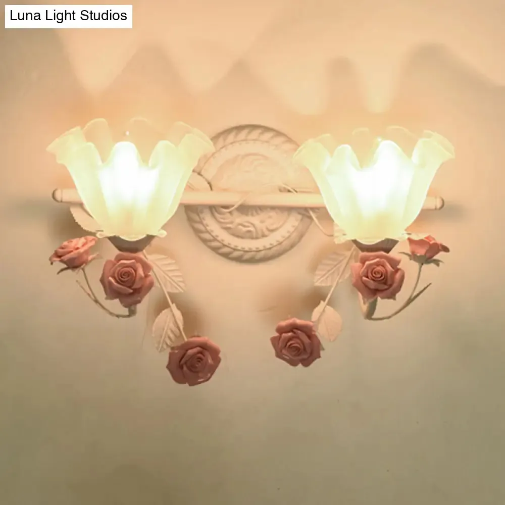 Ruffle Bathroom Wall Mount Light - American Flower Frosted Glass - 2/3-Head Vanity Sconce - Pink/Blue
