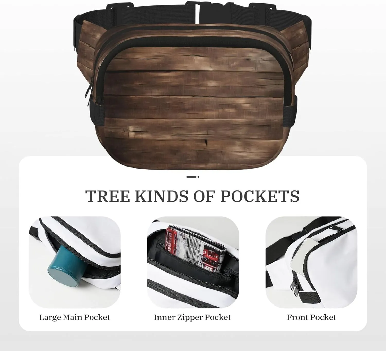 Rustic Old Barn Wood Everywhere Belt Bag For Women Men, Zipper Pockets Crossbody Fanny For Hiking, Cycling