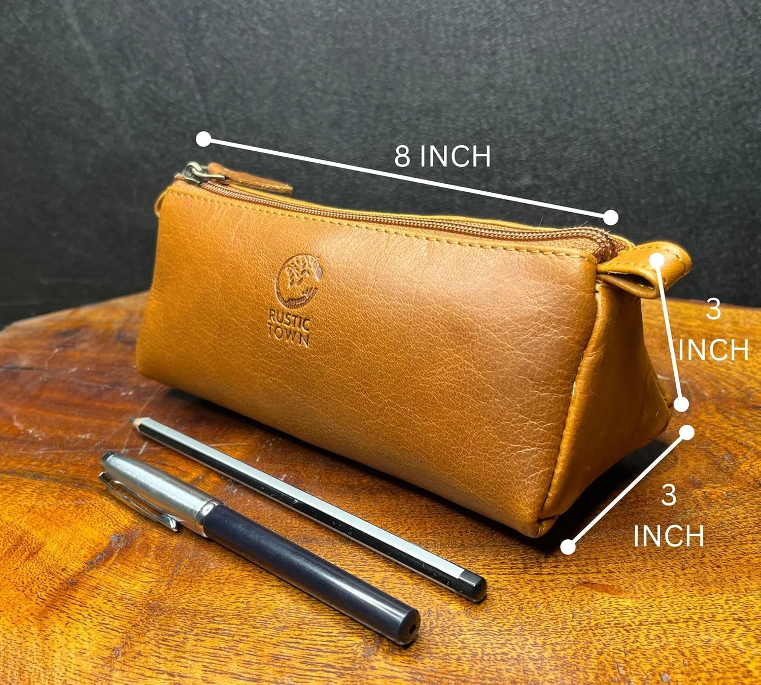 Rustic Town Leather Pencil Case - Full Grain Leather Zippered Pen Pouch - Stationery Bag Pen Holder for Work & Office
