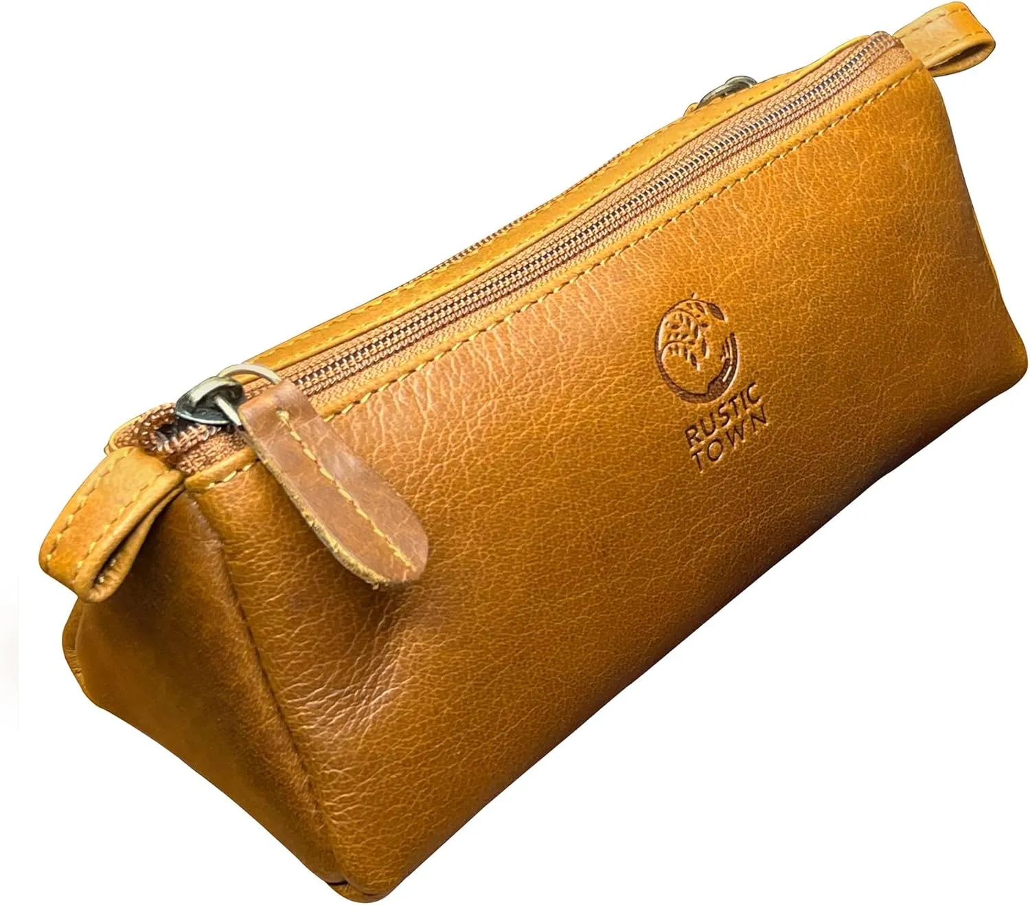 Rustic Town Leather Pencil Case - Full Grain Leather Zippered Pen Pouch - Stationery Bag Pen Holder for Work & Office
