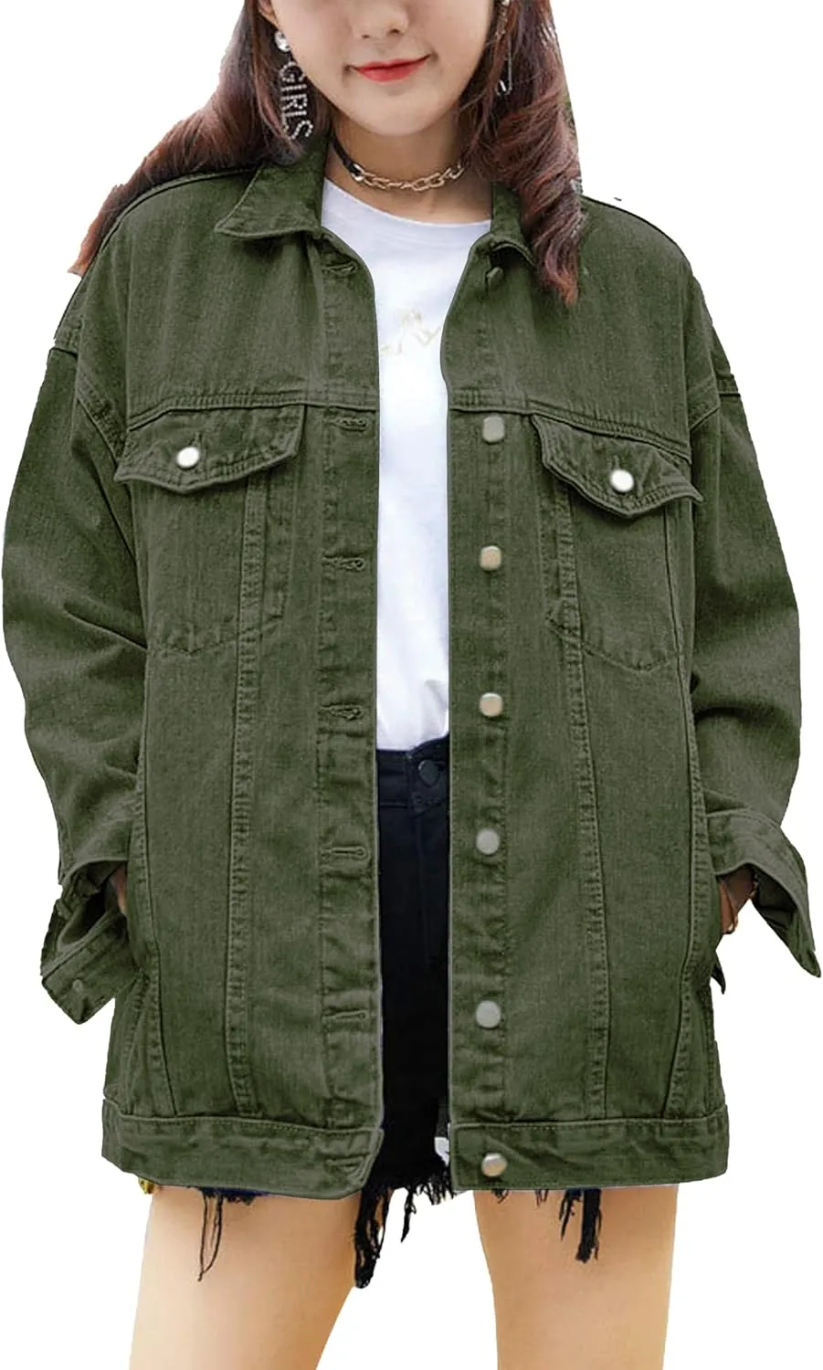 SeekMe Women's Oversized Jean Jacket Plus Size Button Down Washed Mid Long Denim Jacket