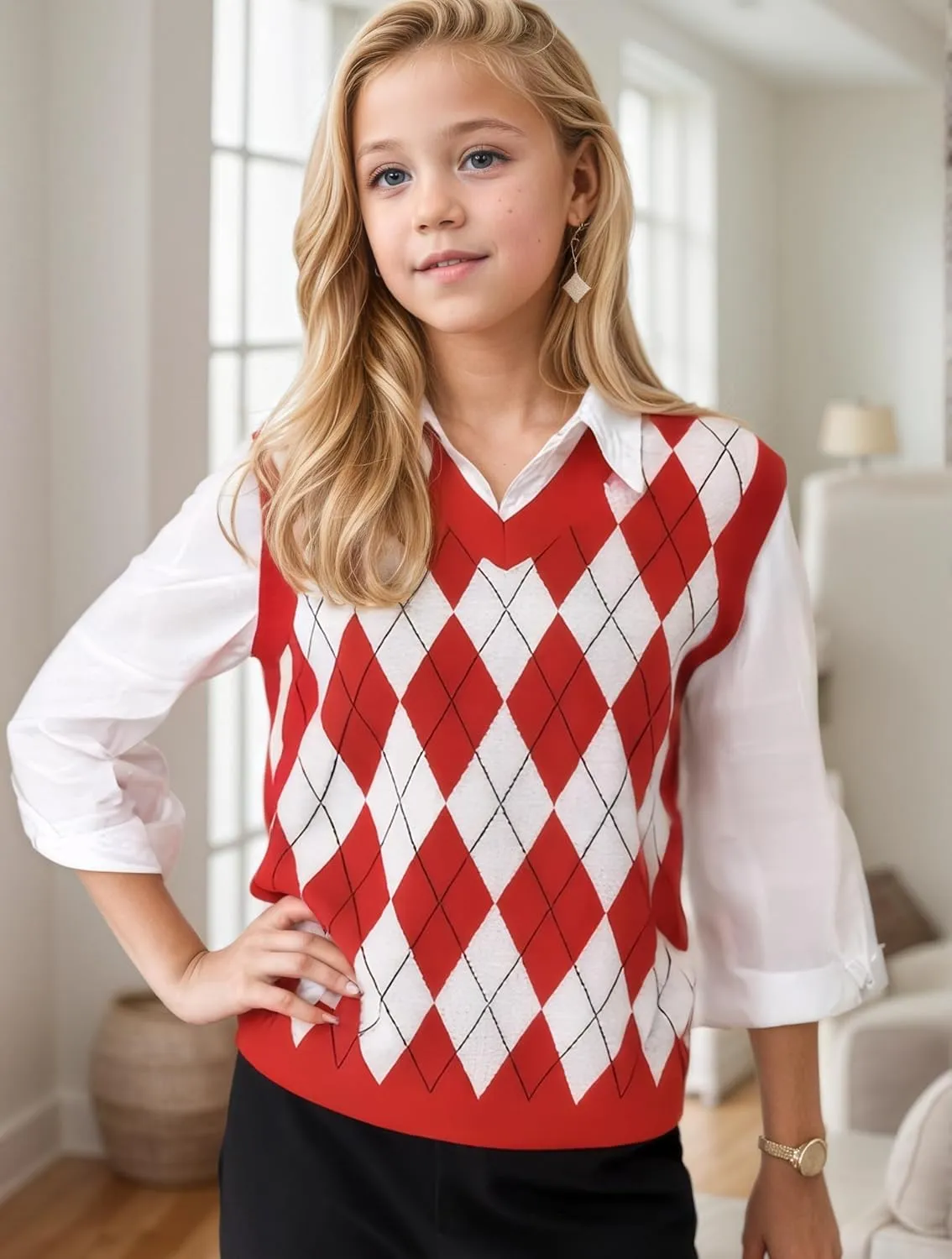 SELINK Boys Girls School Uniform Sweater Vest V Neck Soft Comfy Pullover Trendy Argyle Knitted Waistcoat Vest