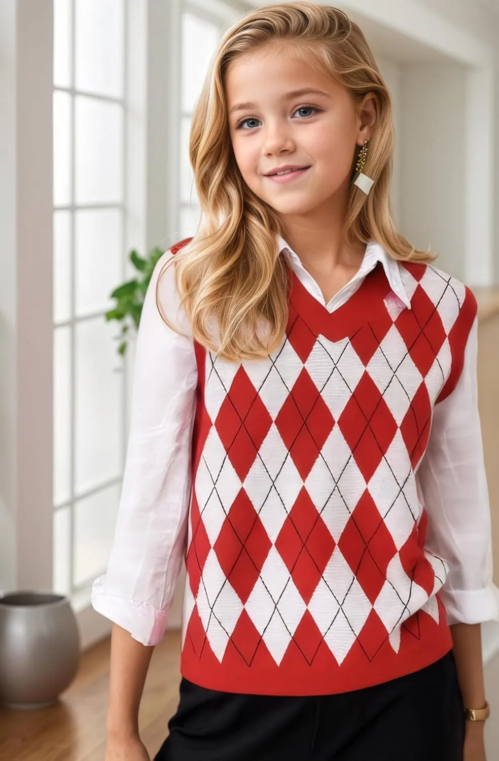 SELINK Boys Girls School Uniform Sweater Vest V Neck Soft Comfy Pullover Trendy Argyle Knitted Waistcoat Vest