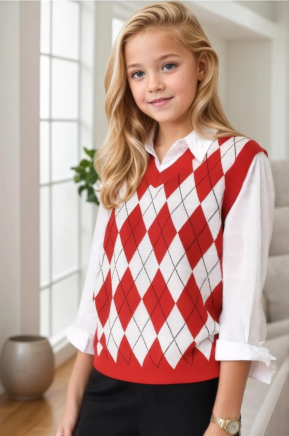 SELINK Boys Girls School Uniform Sweater Vest V Neck Soft Comfy Pullover Trendy Argyle Knitted Waistcoat Vest