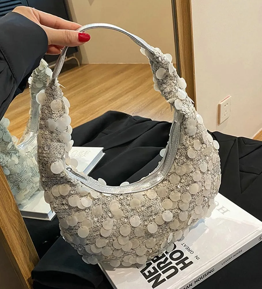 Sequin Tote Bag Shoulder Purse for Women Glitter Clutch Evening Handbags Shiny Underarm Handbag Evening Clutch Crescent Bag