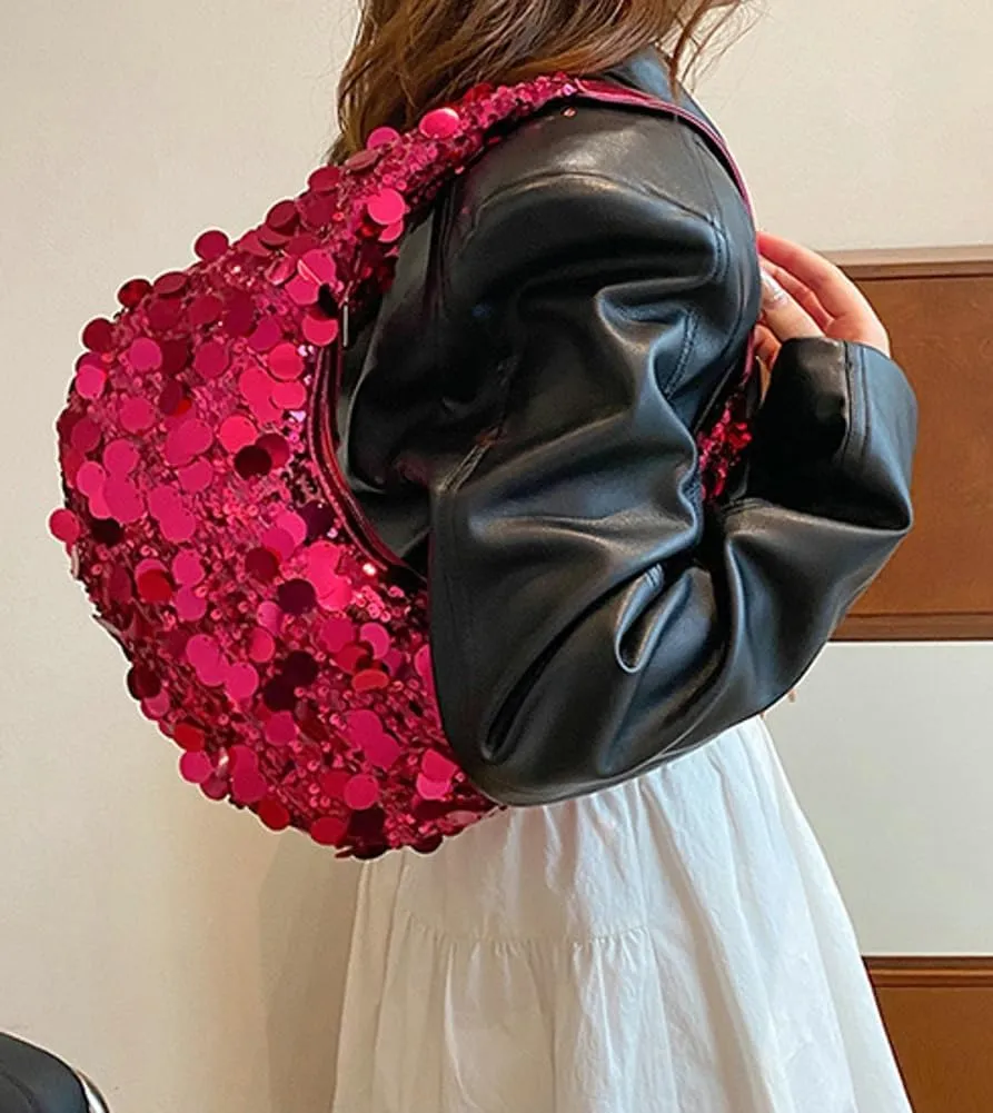 Sequin Tote Bag Shoulder Purse for Women Glitter Clutch Evening Handbags Shiny Underarm Handbag Evening Clutch Crescent Bag