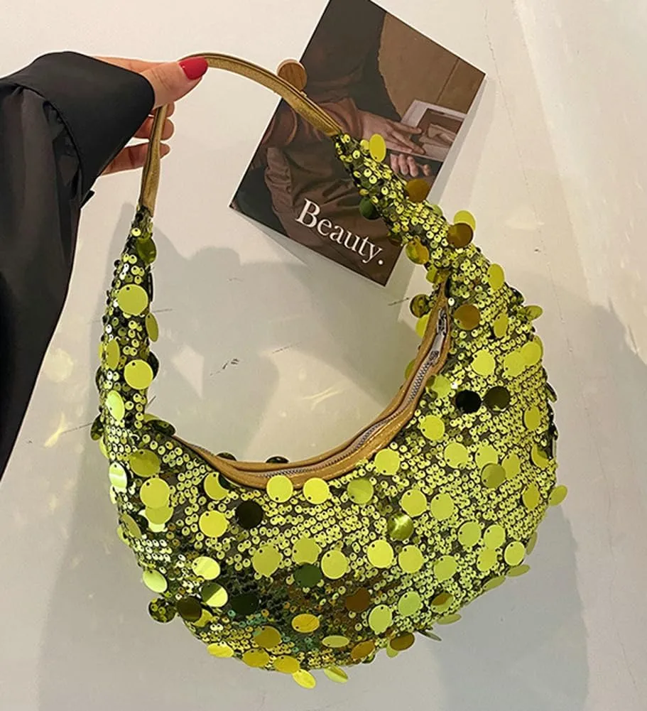 Sequin Tote Bag Shoulder Purse for Women Glitter Clutch Evening Handbags Shiny Underarm Handbag Evening Clutch Crescent Bag