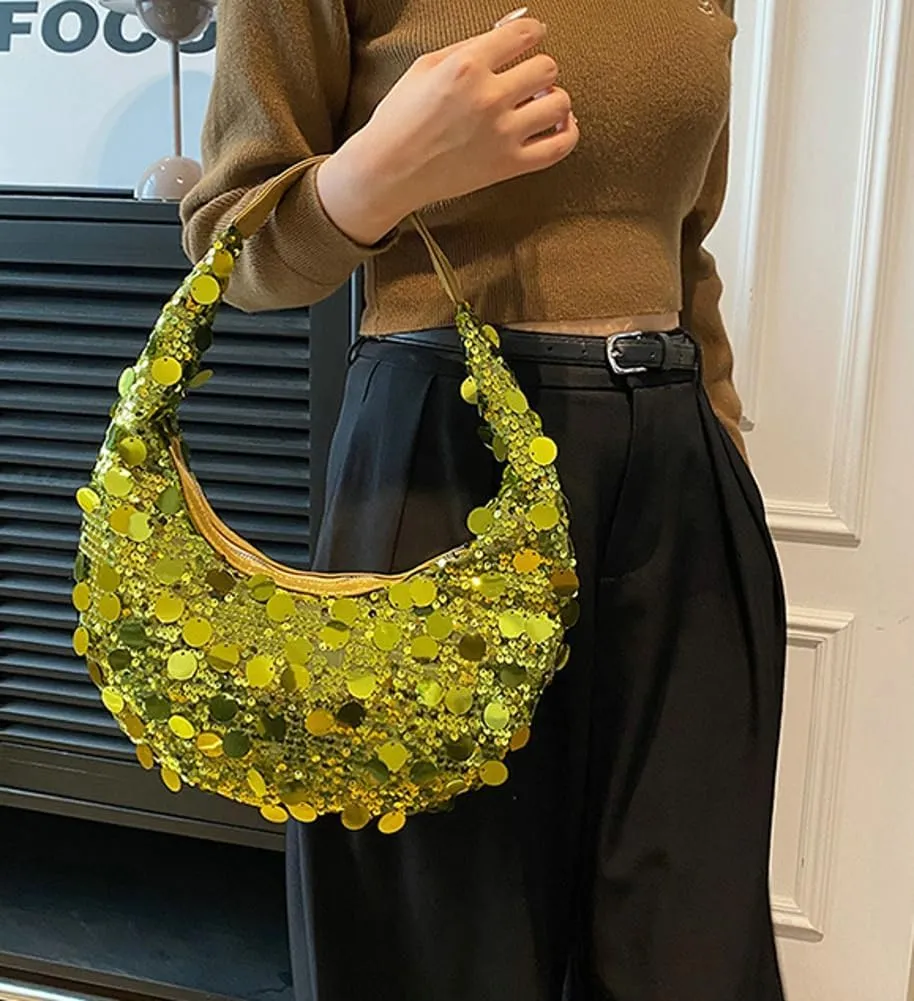 Sequin Tote Bag Shoulder Purse for Women Glitter Clutch Evening Handbags Shiny Underarm Handbag Evening Clutch Crescent Bag
