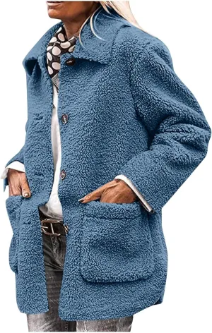 Sherpa Jacket Women Baggy Fleece Winter Coats Button Down Lapel Faux Fur Coat Comfy Fuzzy Warm Jackets with Pockets