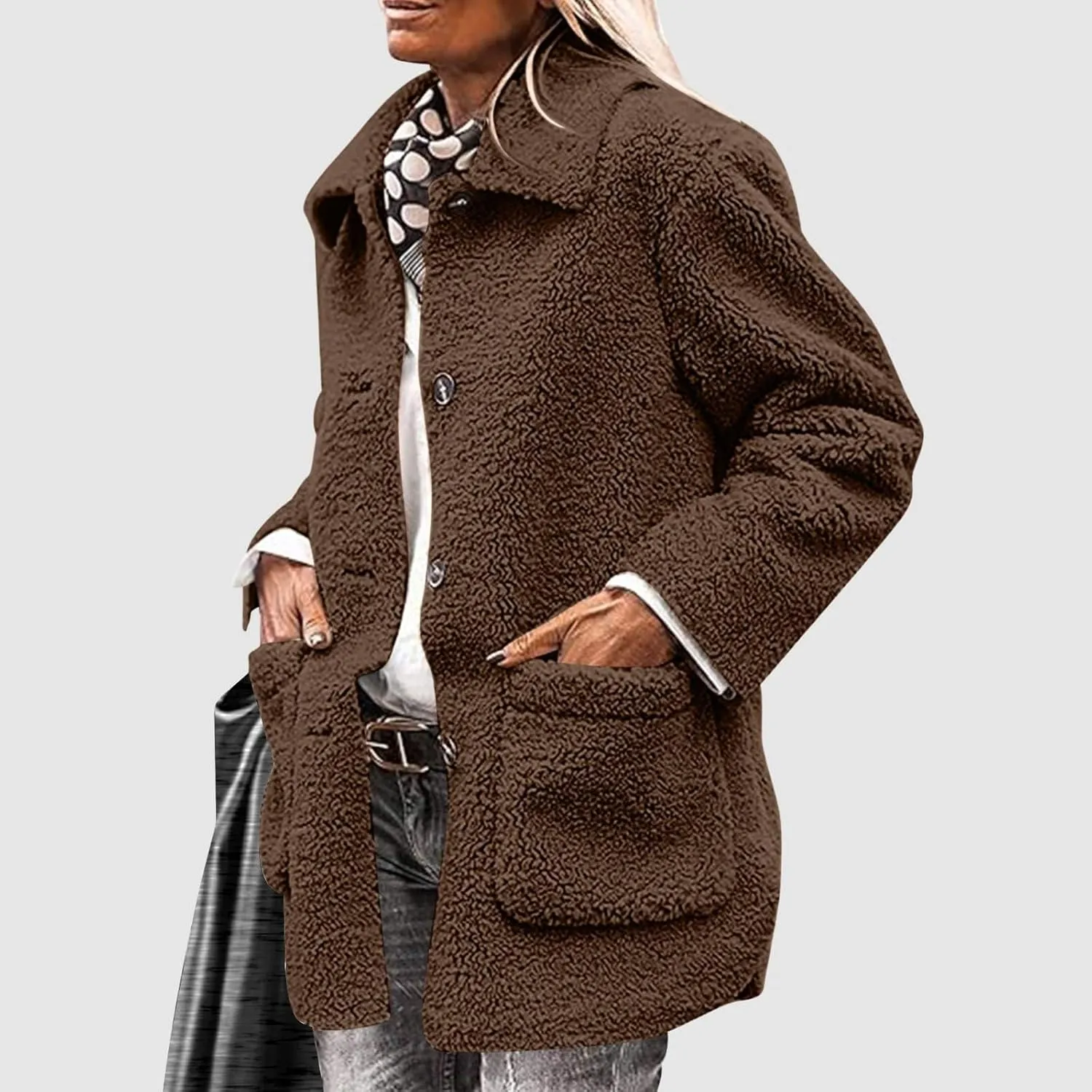 Sherpa Jacket Women Baggy Fleece Winter Coats Button Down Lapel Faux Fur Coat Comfy Fuzzy Warm Jackets with Pockets